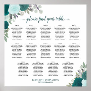 14 Bord Teal Boho Blommigt Bröllop Sittplatsdiagra Poster