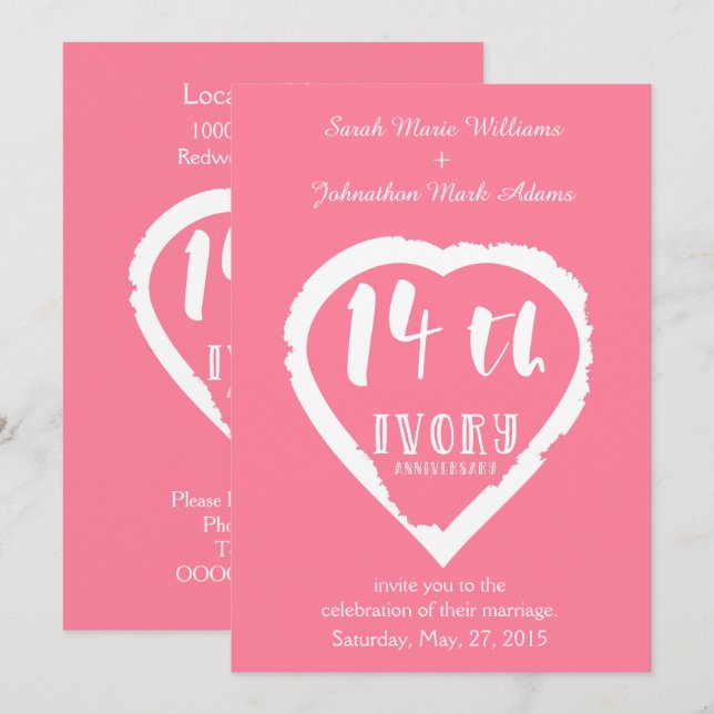 14:e bröllopsdag traditionell elfenben inbjudningar (Fram/baksida)
