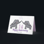 14:e elfenben-bröllop-årsdagen Söt elefantkort Kort<br><div class="desc">Ett illustrerat fjortonde bröllop-årskort i lila,  grått och vitt med ett elefantpar. Perfekt-kortet för ett par som firar fjorton år av giftermål på deras elfenben-bröllop-årsdag. Kortet kan vara en personlig att inkludera namn i make och hustru,  och ert eget budskap kan också läggas till.</div>