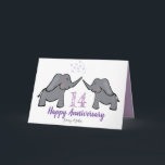 14:e elfenben-bröllop-årsdagen Söt elefantkort Kort<br><div class="desc">Ett illustrerat fjortonde bröllop-årskort i lila,  grått och vitt med ett elefantpar. Perfekt-kortet för ett par som firar fjorton år av giftermål på deras elfenben-bröllop-årsdag. Kortet kan vara en personlig att inkludera namn i make och hustru,  och ert eget budskap kan också läggas till.</div>