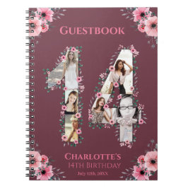 14:e födelsedag Fotokollage Rosa Flower Guest Bok Anteckningsbok