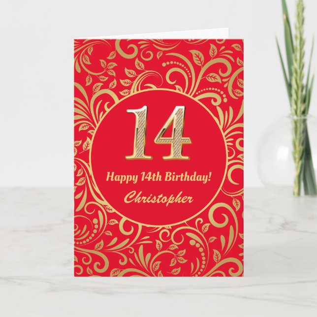 14:e födelsedag Röda och Guld Blommönstret Kort (Framsida)