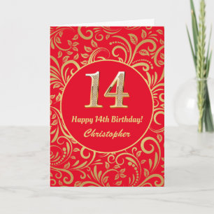 14:e födelsedag Röda och Guld Blommönstret Kort