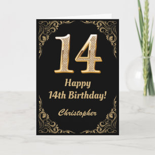 14:e födelsedag Svarta och Guld Glitter Ram Kort