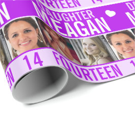 14:e födelsedag tre foto lila dotter presentpapper