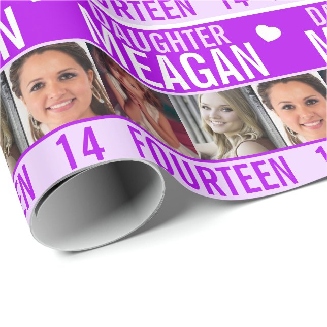 14:e födelsedag tre foto lila dotter presentpapper (Rullad Hörn)
