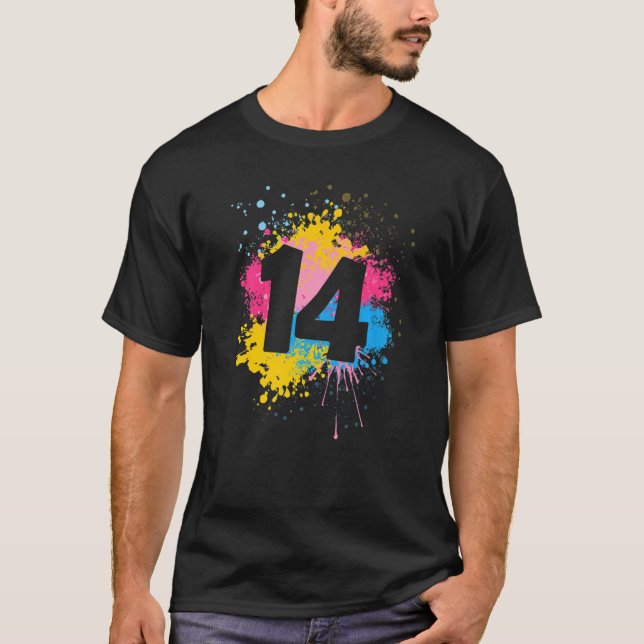 14:e födelsedagen Färg Paint Stänk Födelsedagsfest T Shirt (Framsida)