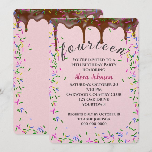 14:e födelsedagen med chokladfärgning och sprinkle inbjudningar (Fram/baksida)