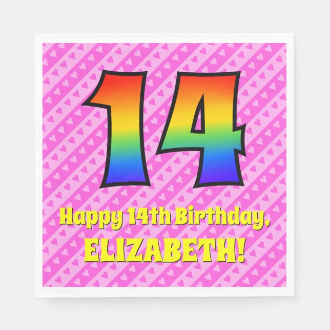 14:e födelsedagen: Rosa Rand & Hearts, regnbåge nr Pappersservett (Framsidan)