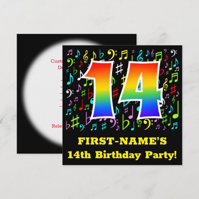 14:e Födelsedagsfesten: Roligt Music Symbols, Rain Inbjudningar (Fram/baksida)