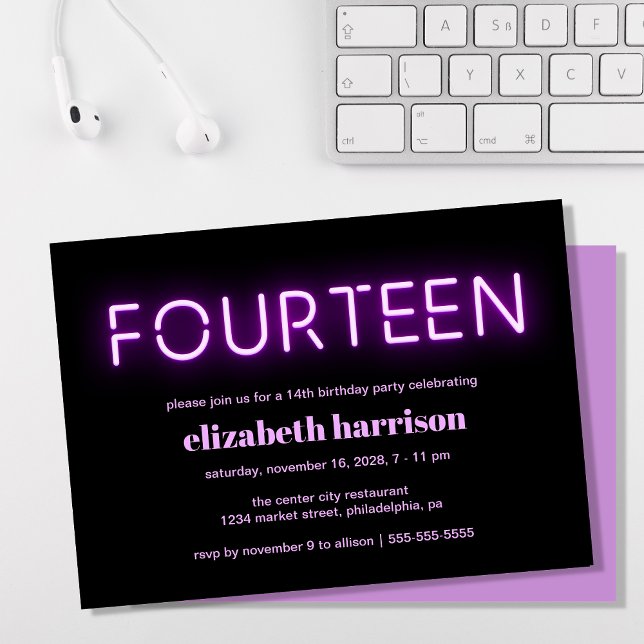 14:e Födelsedagsfestens Lila Neon Ljus Inbjudningar (Skapare uppladdad)