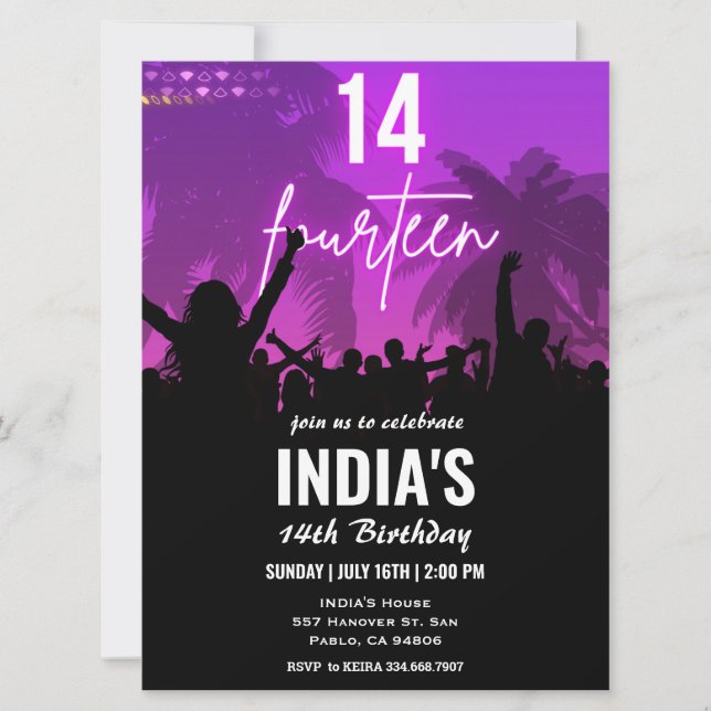 14:e Födelsedagsfestens Rosa Neon-inbjudan Inbjudningar (Framsida)