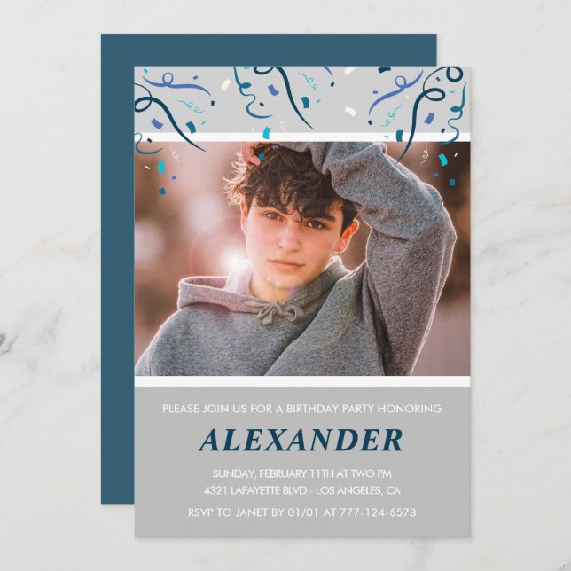 14:e födelsedagsinbjudan Boy Confetti Photo Navy Inbjudningar (Fram/baksida)