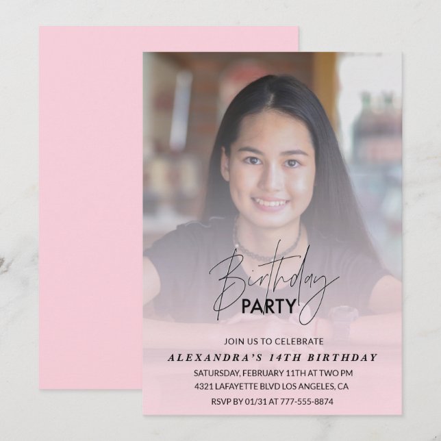 14:e födelsedagsinbjudan Födelsedagsfest Fotorosa Inbjudningar (Fram/baksida)