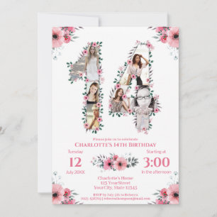 14:e födelsedagstjudet Photo Collage Rosa Flower W Inbjudningar