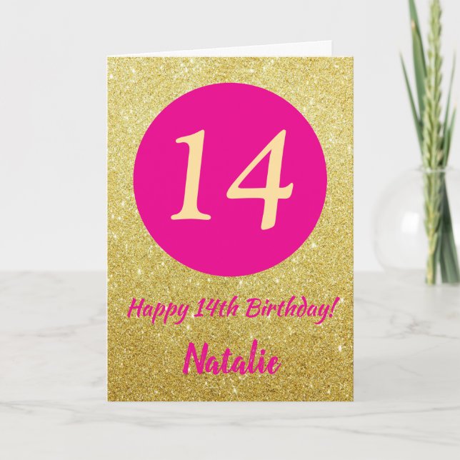 14:e Grattis på födelsedagen Shock rosa och Guld G Kort (Framsida)