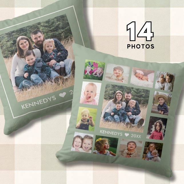 14 Familjefoto Collage Skapa din egen Sage Green Kudde (Skapare uppladdad)