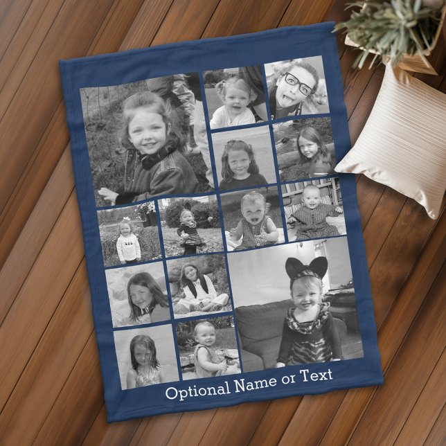 14 Fotkollage CAN EDIT Blue FÄRG (tillvalstext) Fleecefilt (Personalized fleece blanket with photos and text)