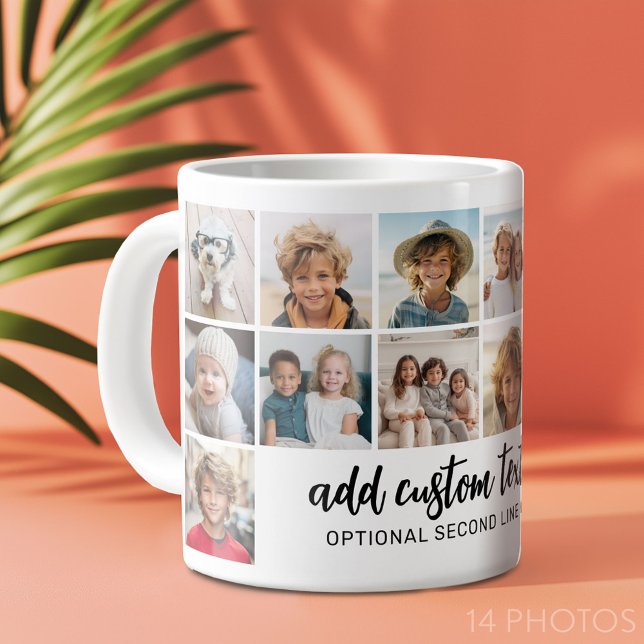 14 Foto Collage Grid - 2 textrutor - svart vitt Jumbo Mugg (14 photo personalized coffee mug)
