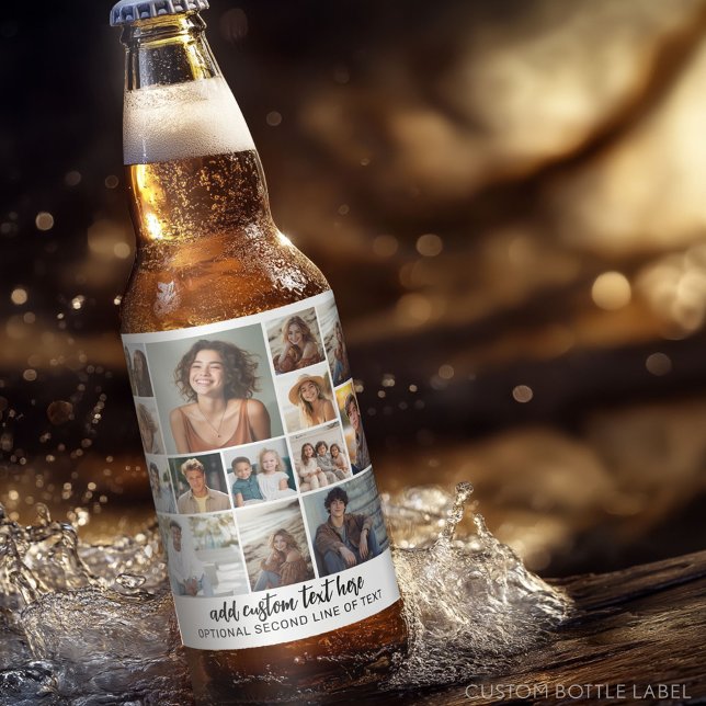 14 Foto Collage Grid - 2 textrutor - svart vitt Ölflaska Etikett (Custom Photo Collage on a Food and Beverage Label)