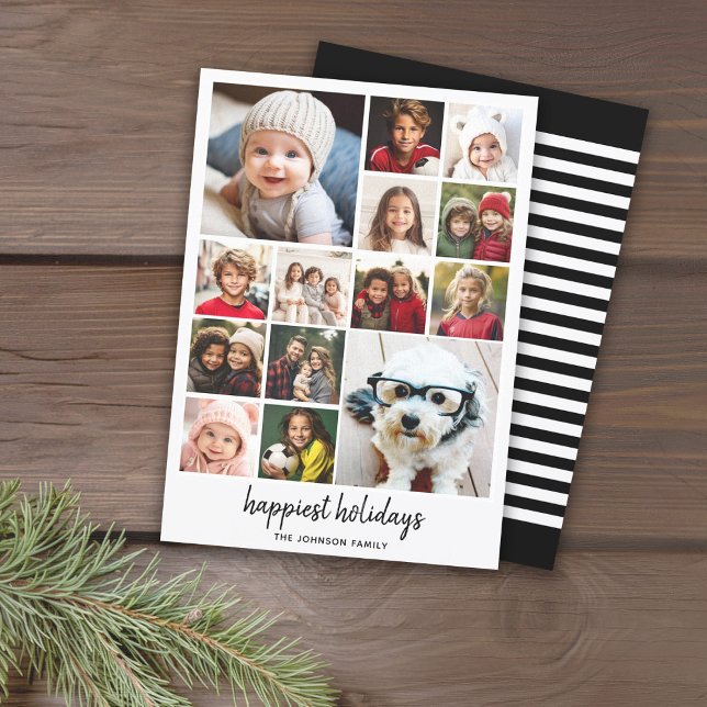 14 Fotojulskamp Minimalistisk svart Lycklig Julkort (14 Photo Christmas Card - Retro Black and White Stripe Pattern on the Back)