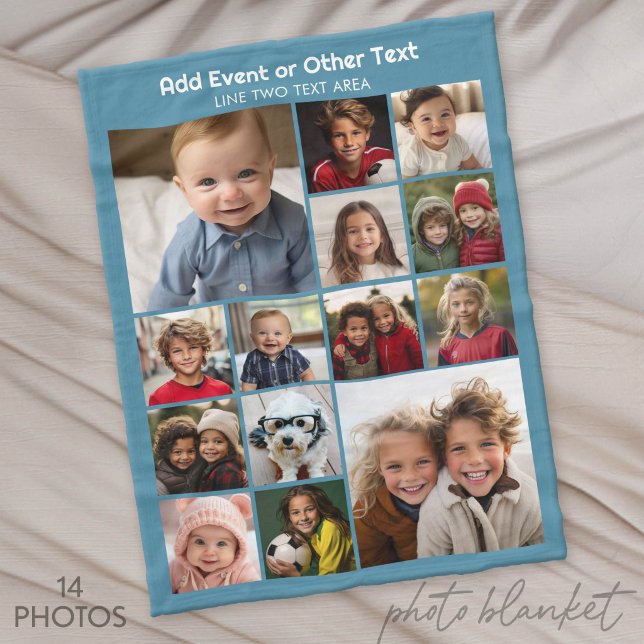 14 Fotokollage - Bildrutnät - Blå Fleecefilt (Custom Photo Blankets)