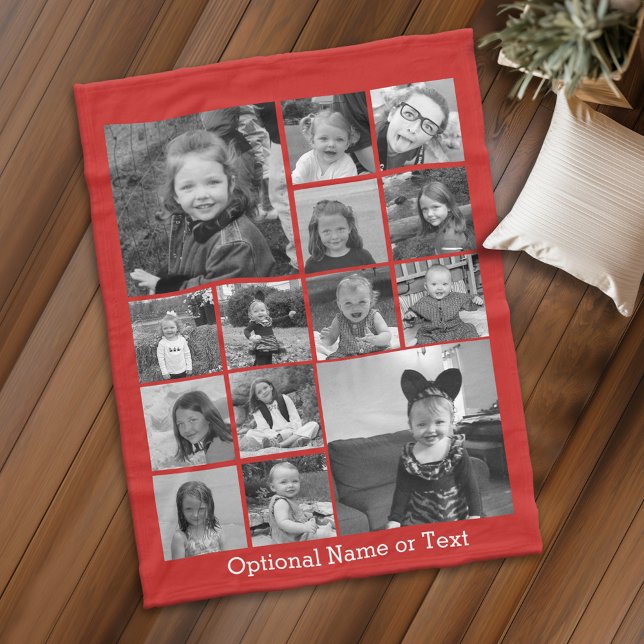 14 Fotokollage CAN EDIT röd FÄRG-vit text Fleecefilt (Personalized fleece blanket with 14 photos and custom text - Makes a great Gift)