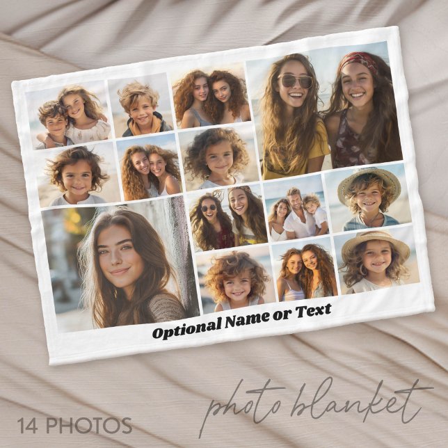 14 Fotokollage - Modern Minimal Vit Svart Fleecefilt (Photo Blanket - Personalize with Your Photos)