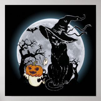 14 Halloween skrämmande svart katt häxa pumpa skrä Poster