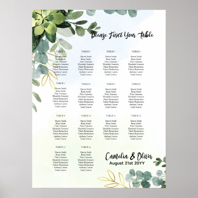 14 Table Wedding Seating Chart Greenery Eucalyptus Poster (Framsidan)