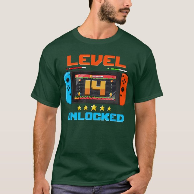 14 Year Old Level 14 Unlocked 14th Birthday Boy Vi T Shirt (Framsida)