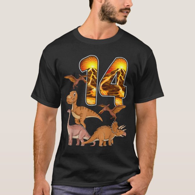 14th Birthday Dinosaur T-rex 14 Years Old Birthday T Shirt (Framsida)