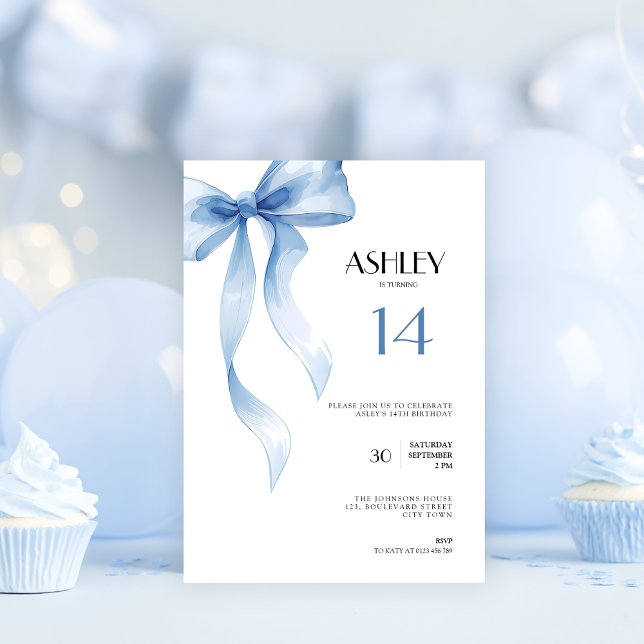 14th Birthday Invitation Blue Bow for Teen Girls Inbjudningar (Blue bow coquette 14th birthday invitation for girls)