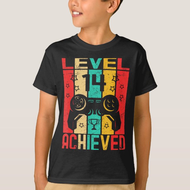 14th Birthday Level 14 Achieved Gamer Funny Birthd T Shirt (Framsida)