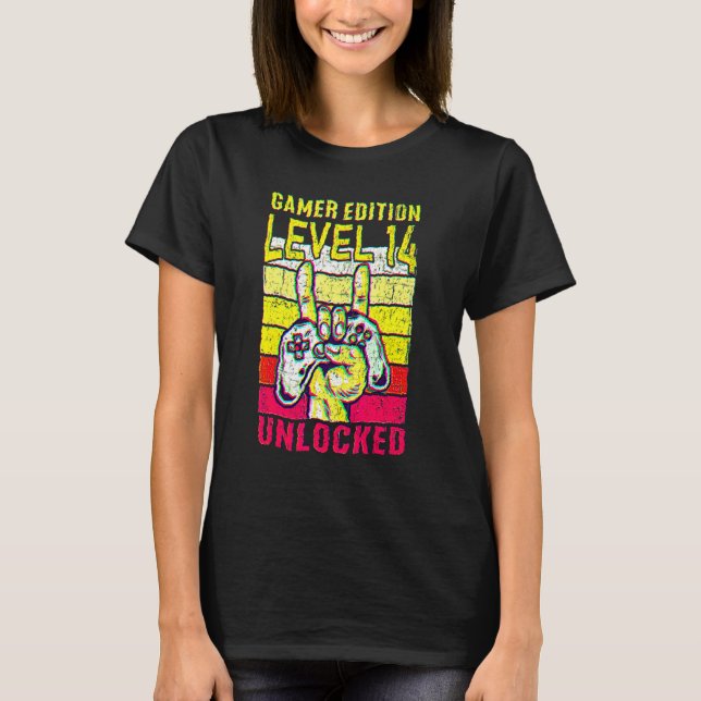14th Birthday Video Gamer Edition Level 14 Unlocke T Shirt (Framsida)