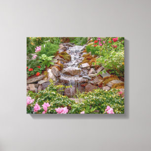 14x11 Flowing Waterfall med vår blommor Canvastryck