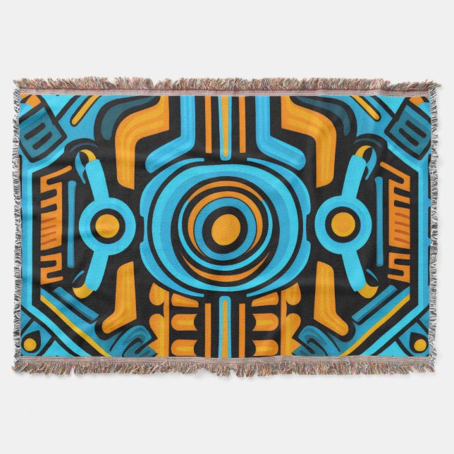 155 blått och orange symmetriskt mönster filt (Framsidan)