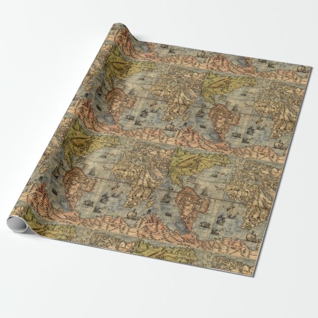 1565 Forlani Antik Världskarta Vintage Kartografi Presentpapper (Utrullad)
