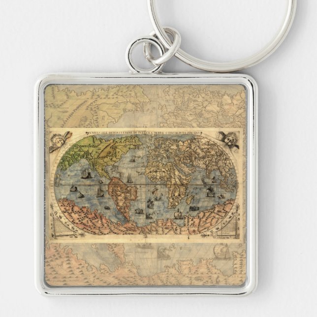 1565 Forlani AntiquevWorld Karta Renaissance Fyrkantig Silverfärgad Nyckelring (Framsidan)