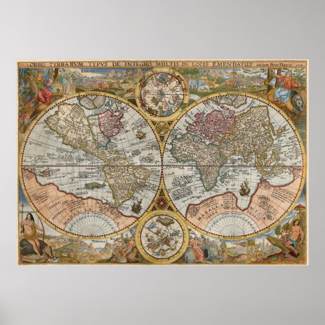 1594 Orbis Terrarum Typus Dubbel Halvkarta Världen Poster (Framsidan)