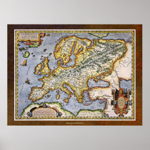 1595 Karta i Europa av Abraham Ortelius Cartograph Poster