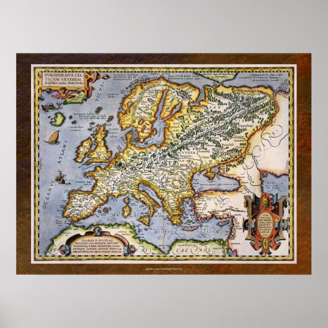 1595 Karta i Europa av Abraham Ortelius Cartograph Poster (Framsidan)