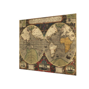 1595 Vintage World Map av Jodocus Hondius Canvastryck