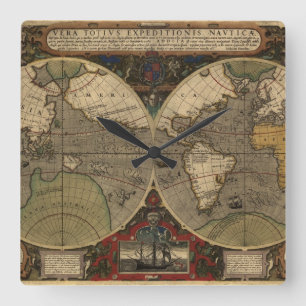1595 Vintage World Map av Jodocus Hondius Fyrkantig Klocka
