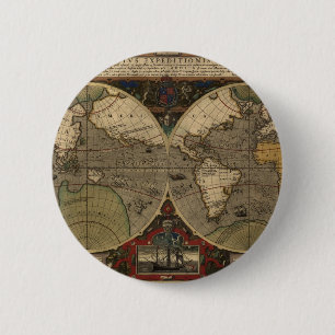 1595 Vintage World Map av Jodocus Hondius Knapp