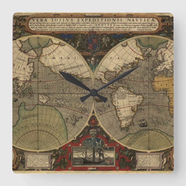 1595 Vintage World Map by Jodocus Hondius Fyrkantig Klocka (Framsida)