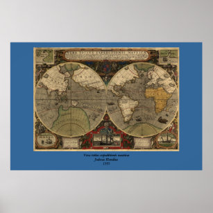 1595 Vintage World Map by Jodocus Hondius Poster