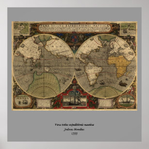 1595 Vintage World Map by Jodocus Hondius Poster