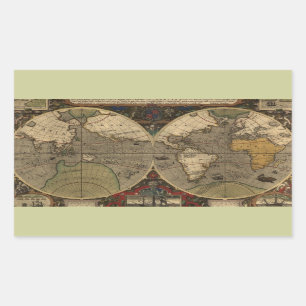 1595 Vintage World Map by Jodocus Hondius Rektangulärt Klistermärke