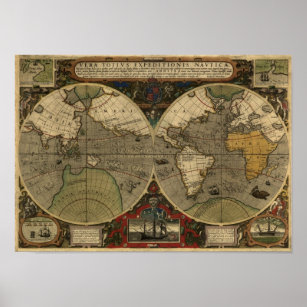 "1595 World Map of Hondius" Historic Karta Poster